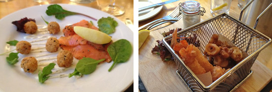 Trout Gravlax, Squid, Prawns